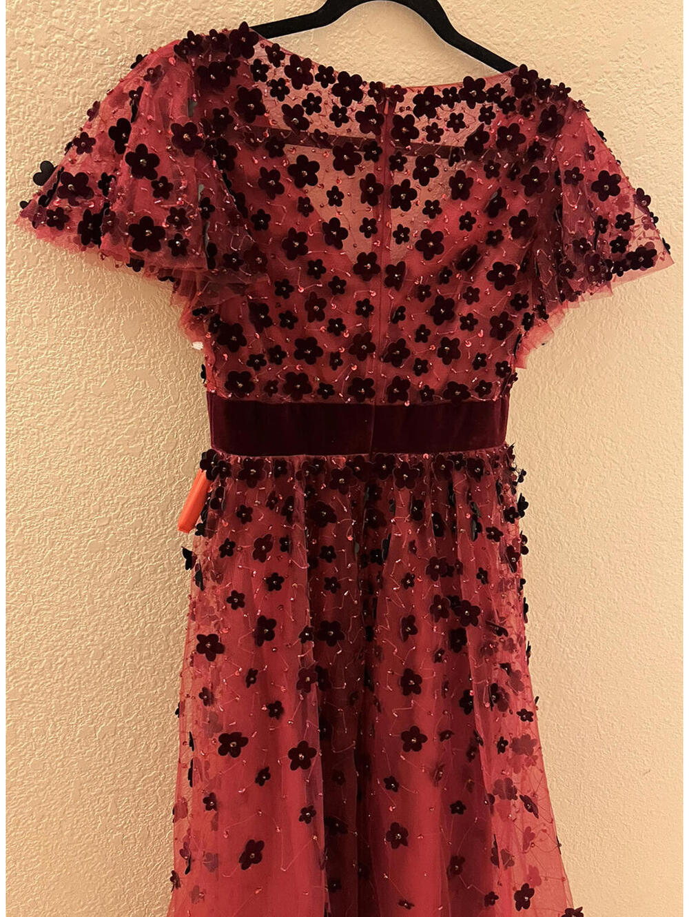 New Mac Duggal EMBELLISHED BUTTERFLY SLEEVE VELVET HEM MIDI DRESS Burgundy Sz 2 - Picture 7 of 9